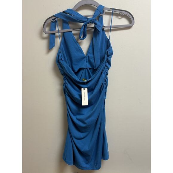 Anthropologie Celandine Ruched Halter Mini Dress XS Stone Blue NWT - Picture 2 of 5